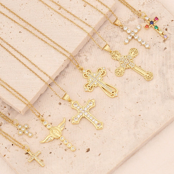 Wholesale Copper Microinlaid Zircon Cross Hip Hop 18K Gold Pendant Necklace