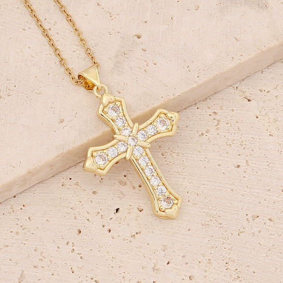 Wholesale Copper Microinlaid Zircon Cross Hip Hop 18K Gold Pendant Necklace