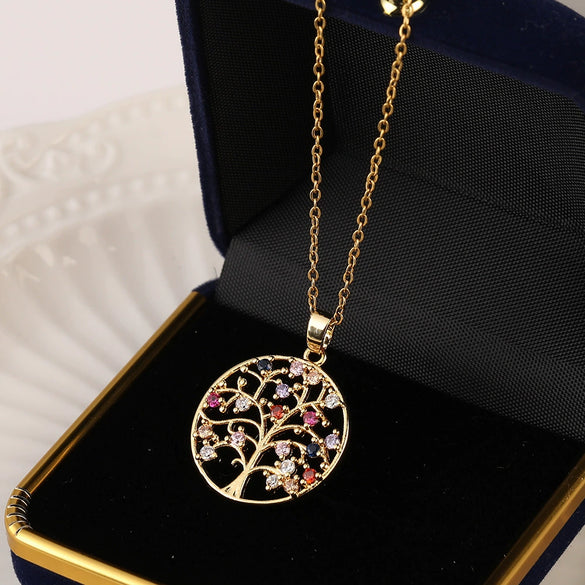 Wholesale Copper Microinlaid Zircon Tree Of Life Pendant Ochain Necklace With Electroplating Treatment Natural Plant Style For Women