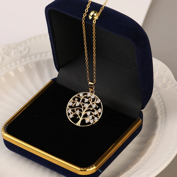 Wholesale Copper Microinlaid Zircon Tree Of Life Pendant Ochain Necklace With Electroplating Treatment Natural Plant Style For Women