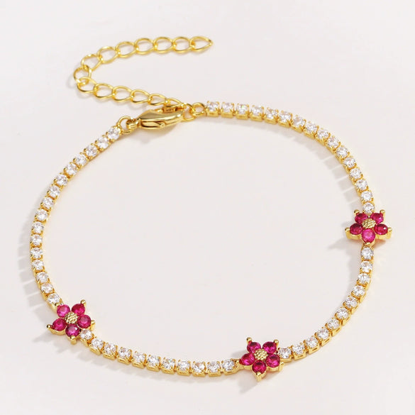 Wholesale Copper Microinlaid Zircon Women's Fivepetal Flower Style Bracelet With Electroplating