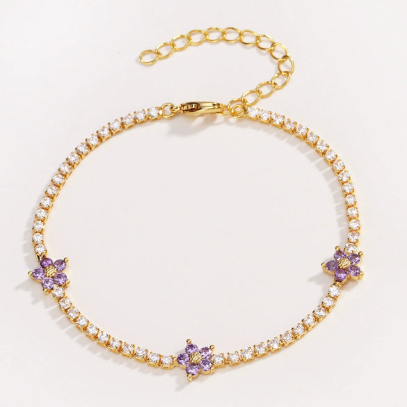 Wholesale Copper Microinlaid Zircon Women's Fivepetal Flower Style Bracelet With Electroplating