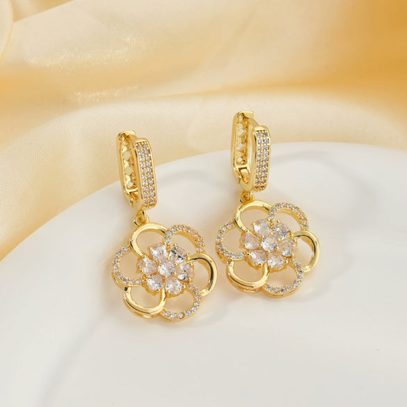 Wholesale Copper Microinlaid Zirconium Petal Fourleaf Clover Women's Earrings