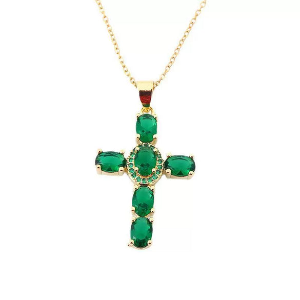 Wholesale Copper Micropaved Colorful Zircon Geometric Cross Pendant Clavicle Chain Necklace Jewelry