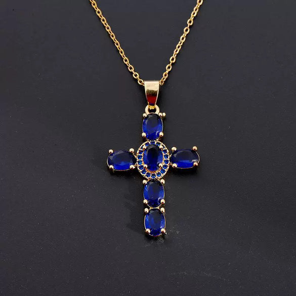 Wholesale Copper Micropaved Colorful Zircon Geometric Cross Pendant Clavicle Chain Necklace Jewelry