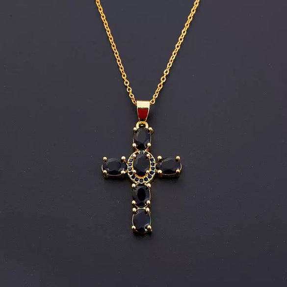 Wholesale Copper Micropaved Colorful Zircon Geometric Cross Pendant Clavicle Chain Necklace Jewelry