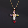 Wholesale Copper Micropaved Colorful Zircon Geometric Cross Pendant Clavicle Chain Necklace Jewelry