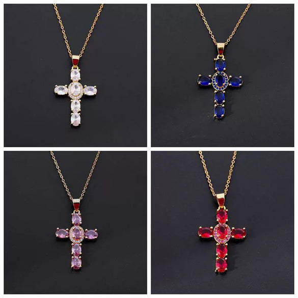 Wholesale Copper Micropaved Colorful Zircon Geometric Cross Pendant Clavicle Chain Necklace Jewelry