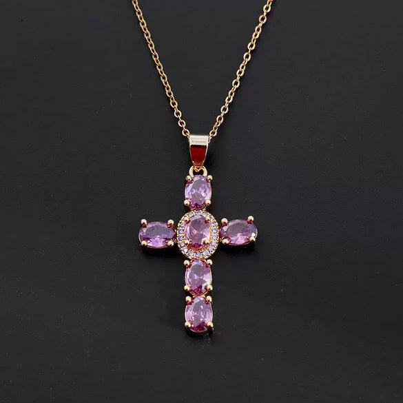 Wholesale Copper Micropaved Colorful Zircon Geometric Cross Pendant Clavicle Chain Necklace Jewelry