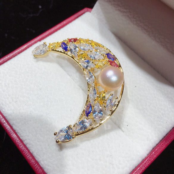 Wholesale Copper Moon Pearl Corsage Natural Pearl Highgrade Pin Pearl Brooch Fashion Jewelry