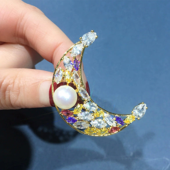 Wholesale Copper Moon Pearl Corsage Natural Pearl Highgrade Pin Pearl Brooch Fashion Jewelry