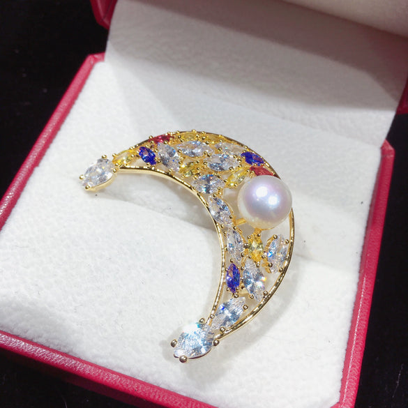 Wholesale Copper Moon Pearl Corsage Natural Pearl Highgrade Pin Pearl Brooch Fashion Jewelry