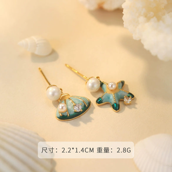Wholesale Copper Natural Pearl Starfish Shell Asymmetric Geometric Earrings With Electroplating For Women