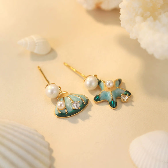 Wholesale Copper Natural Pearl Starfish Shell Asymmetric Geometric Earrings With Electroplating For Women