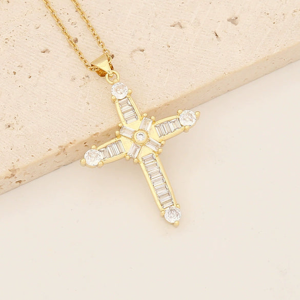 Wholesale Copper Necklace With Cross Pendant And Microinlaid Zircon 18K Gold Plated Personalized Style