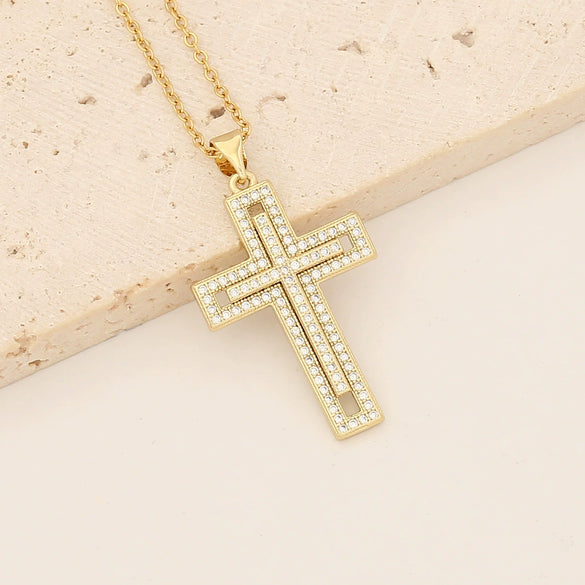 Wholesale Copper Necklace With Cross Pendant And Microinlaid Zircon 18K Gold Plated Personalized Style