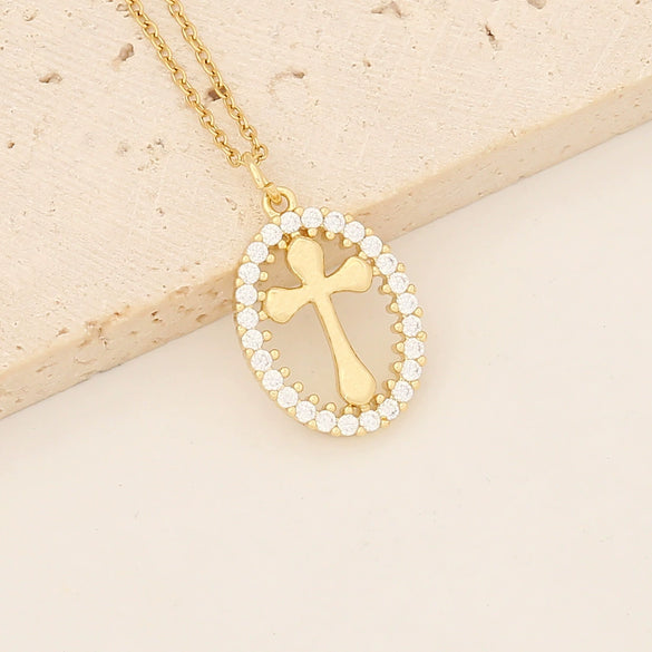 Wholesale Copper Necklace With Cross Pendant And Microinlaid Zircon 18K Gold Plated Personalized Style