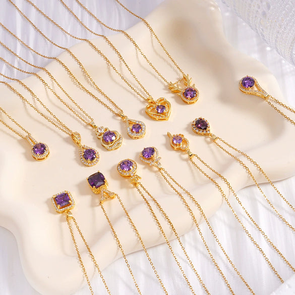 Wholesale Copper Necklace With Mixed Gemstone Inlay Zircon Purple Electroplated O Chain Drop Shape Heart Shape For Women