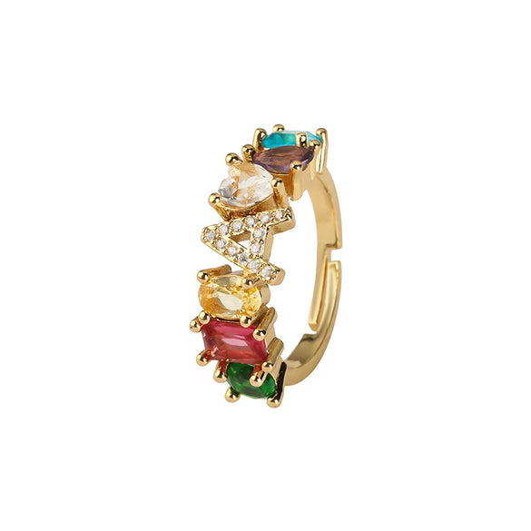 Wholesale Copper Open Ring With Inlaid Color Zirconium And English Letters Electroplated Style For Female