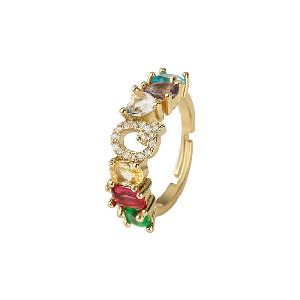 Wholesale Copper Open Ring With Inlaid Color Zirconium And English Letters Electroplated Style For Female
