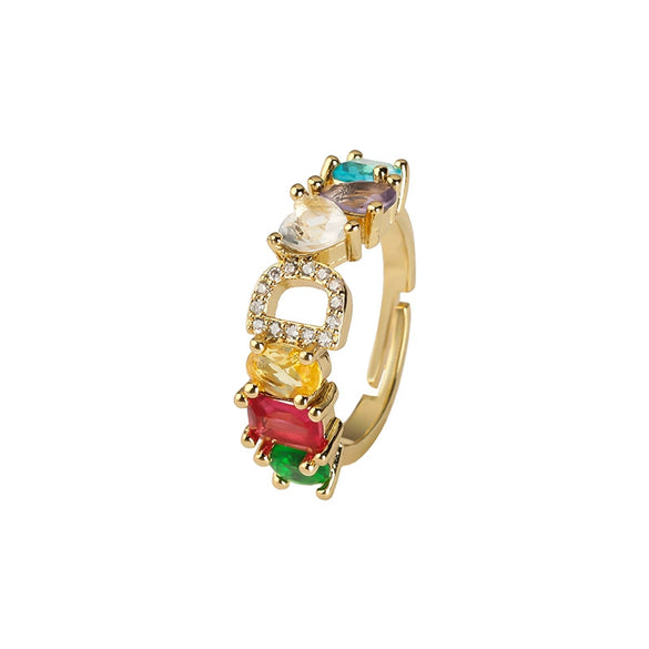 Wholesale Copper Open Ring With Inlaid Color Zirconium And English Letters Electroplated Style For Female
