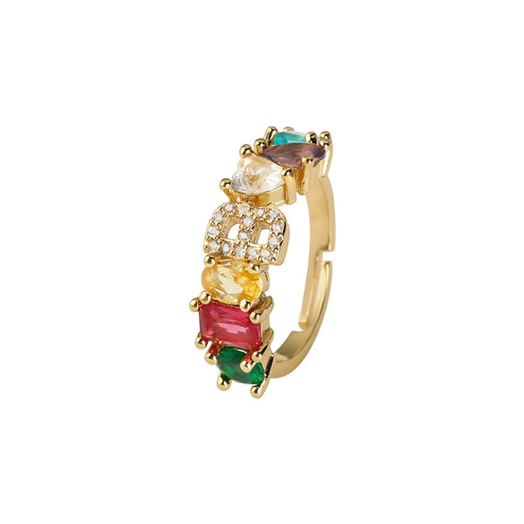 Wholesale Copper Open Ring With Inlaid Color Zirconium And English Letters Electroplated Style For Female