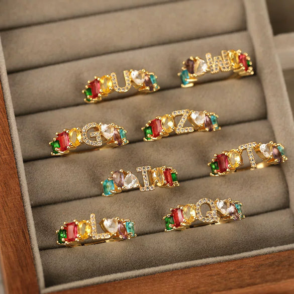 Wholesale Copper Open Ring With Inlaid Color Zirconium And English Letters Electroplated Style For Female