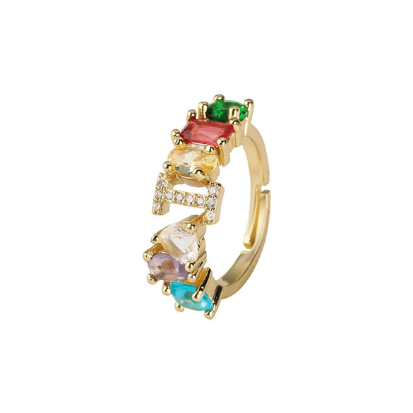 Wholesale Copper Open Ring With Inlaid Color Zirconium And English Letters Electroplated Style For Female