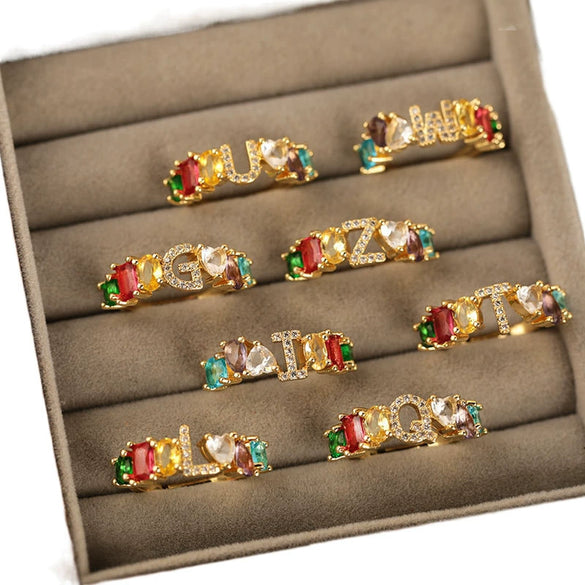 Wholesale Copper Open Ring With Inlaid Color Zirconium And English Letters Electroplated Style For Female