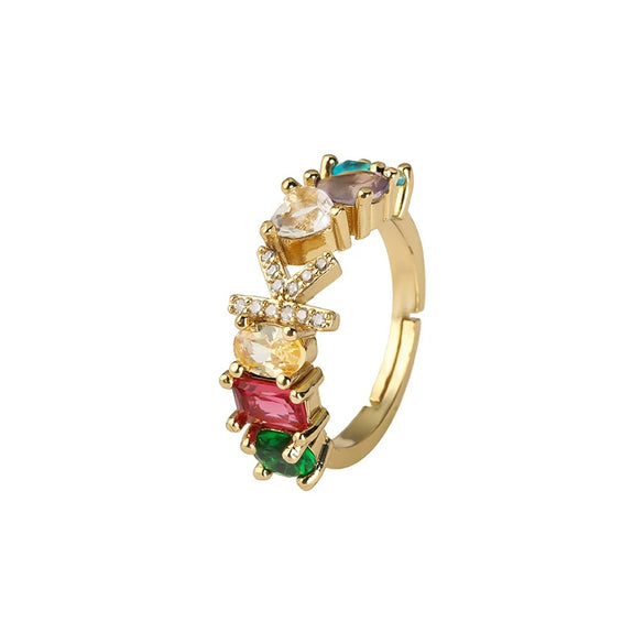 Wholesale Copper Open Ring With Inlaid Color Zirconium And English Letters Electroplated Style For Female