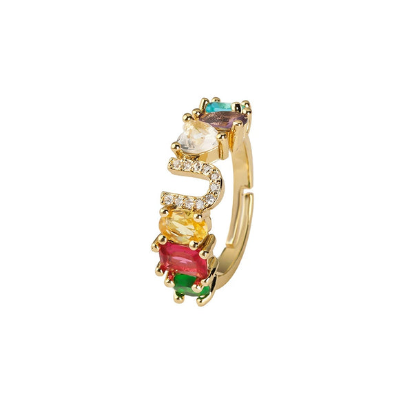 Wholesale Copper Open Ring With Inlaid Color Zirconium And English Letters Electroplated Style For Female