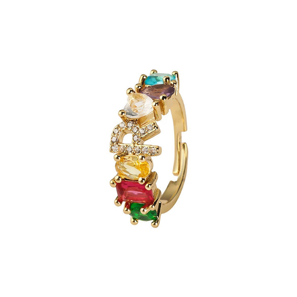Wholesale Copper Open Ring With Inlaid Color Zirconium And English Letters Electroplated Style For Female