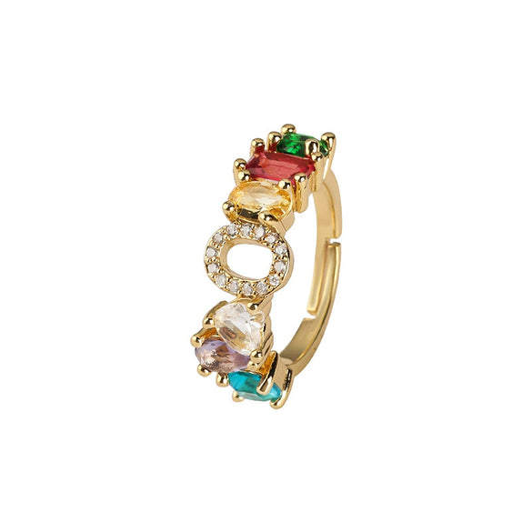 Wholesale Copper Open Ring With Inlaid Color Zirconium And English Letters Electroplated Style For Female