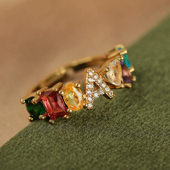 Wholesale Copper Open Ring With Inlaid Color Zirconium And English Letters Electroplated Style For Female