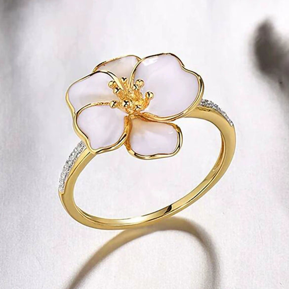 Wholesale Copper Pastoral Style Flower Leaves Zircon Inlaid Finger Ring