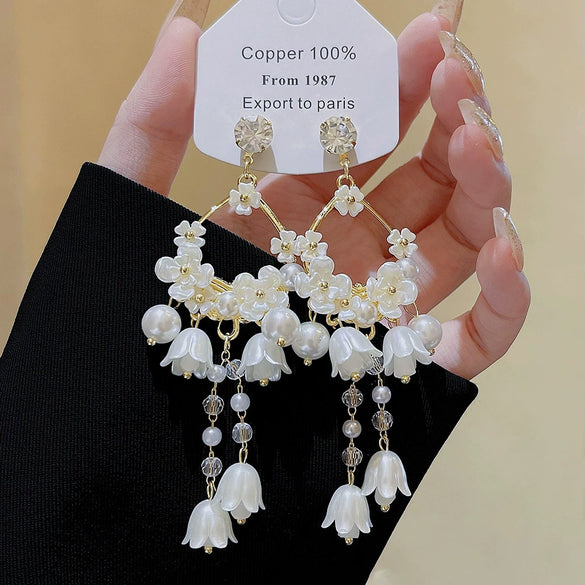 Wholesale Copper Petal Earrings Set With Pearls Flower Design