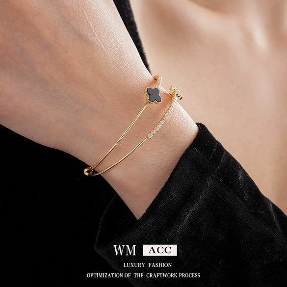 Wholesale Copper Plastic Zirconia Rhombus Flower Doublelayered Open Women's Bracelet Sophisticated Style