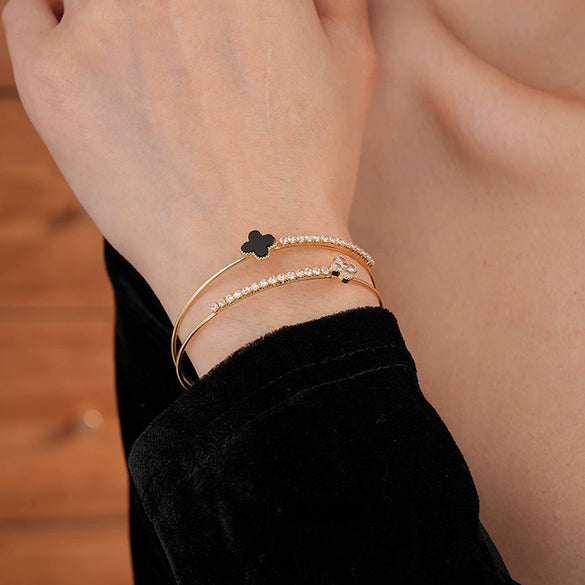 Wholesale Copper Plastic Zirconia Rhombus Flower Doublelayered Open Women's Bracelet Sophisticated Style