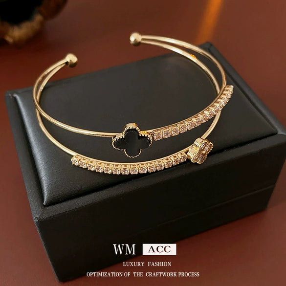 Wholesale Copper Plastic Zirconia Rhombus Flower Doublelayered Open Women's Bracelet Sophisticated Style