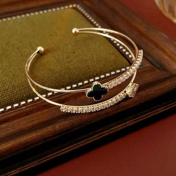 Wholesale Copper Plastic Zirconia Rhombus Flower Doublelayered Open Women's Bracelet Sophisticated Style