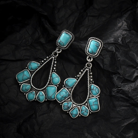 Wholesale Copper Plated Ancient Silver Turquoise Geometric Earrings For Ladies