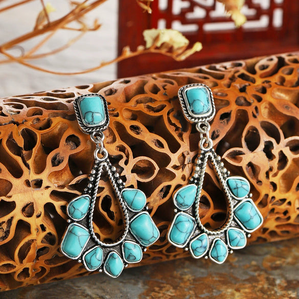 Wholesale Copper Plated Ancient Silver Turquoise Geometric Earrings For Ladies