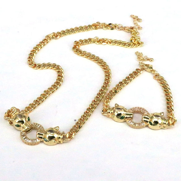 Wholesale Copper Plated Double Leopard Thick Chain Bracelet Necklace With Mixed Gem Inlay Animal Pattern Retro Hip Hop Style