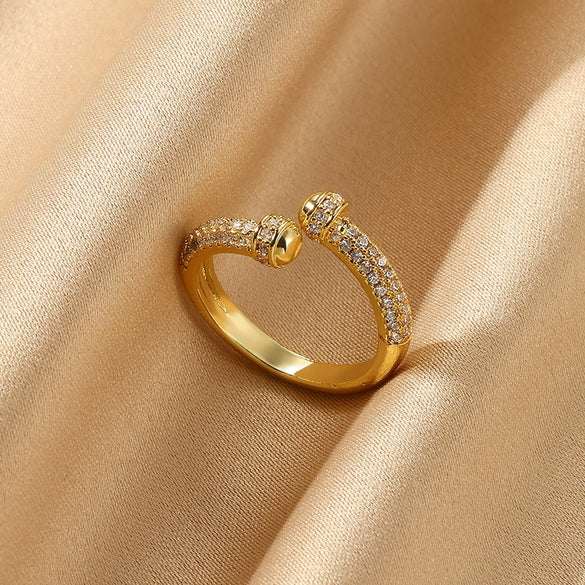 Wholesale Copper Plated 18K Gold Color Zircon Wave Leaf Ring Jewelry Luxury Simple Ins Style Electroplating Process