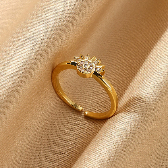 Wholesale Copper Plated 18K Gold Color Zircon Wave Leaf Ring Jewelry Luxury Simple Ins Style Electroplating Process