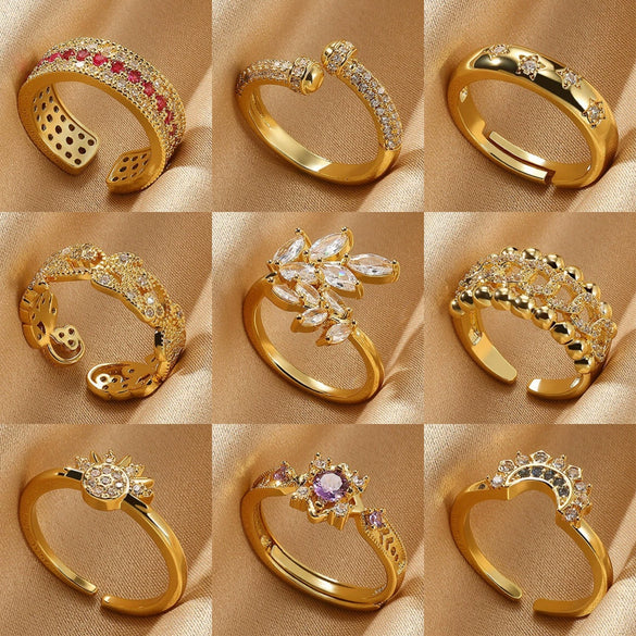 Wholesale Copper Plated 18K Gold Color Zircon Wave Leaf Ring Jewelry Luxury Simple Ins Style Electroplating Process