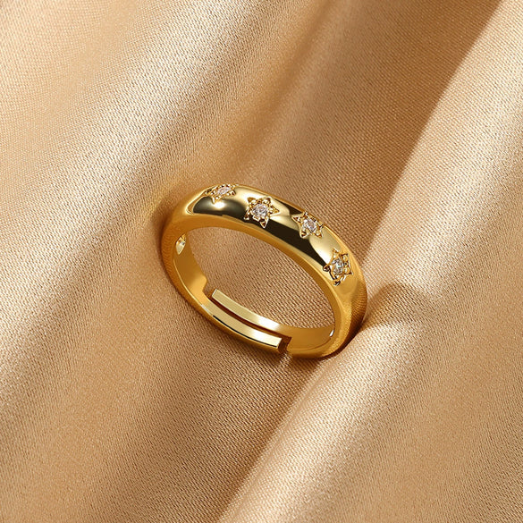 Wholesale Copper Plated 18K Gold Color Zircon Wave Leaf Ring Jewelry Luxury Simple Ins Style Electroplating Process