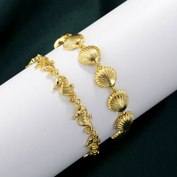 Wholesale Copper Plated 18K Gold Glossy Shell Seahorse Animal Zodiac Style Women's Bracelet