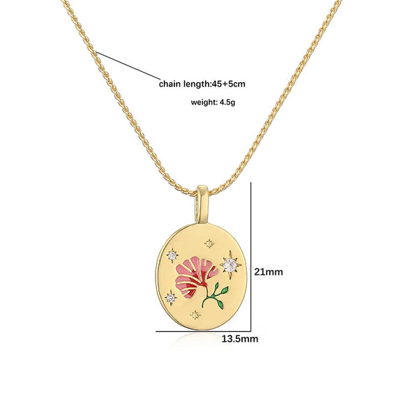 Wholesale Copper Plated 18K Gold Heart Shape Oil Dripping Cherry Blossom Petal O Word Chain Necklace For Women