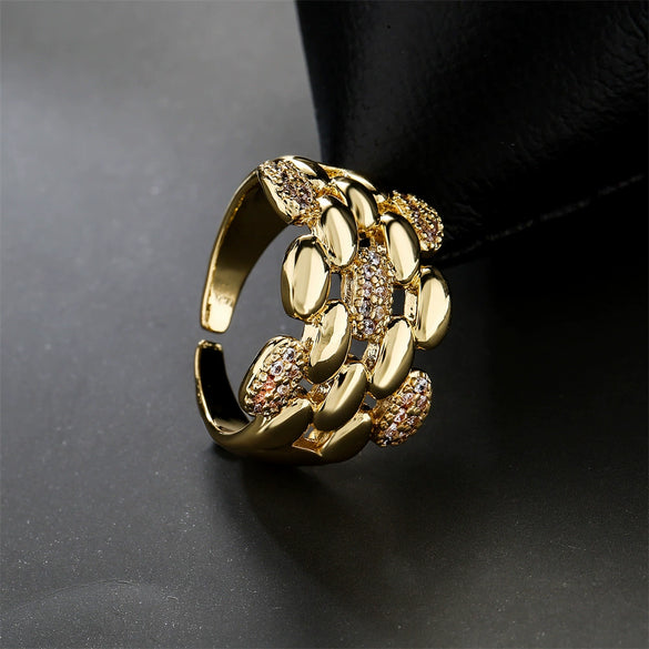 Wholesale Copper Plated 18K Gold Micro Paved Geometric Open Ring Jewelry For Women With Micro Inlay
